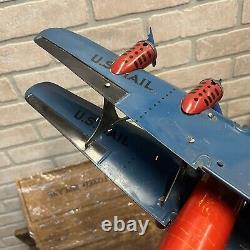 VINTAGE MARX TIN LITHO WIND UP US MAIl 4-ENGINE BI-PLANE AIRPLANE + ORIGINAL BOX