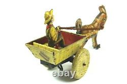 VINTAGE MARX TIN WIND-UP BALKY MULE With CART & DRIVER WORKS GREAT VERY GOOD COND