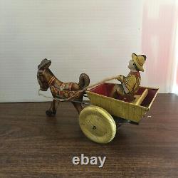VINTAGE MARX WIND UP TIN TOY. DONKEY With CART & DRIVER. 1948. WORKS
