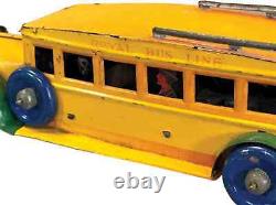 VINTAGE TIN LITHO MARX RED & YELLOW ROYAL BUS LINE WINDUP with PASSENGERS 10