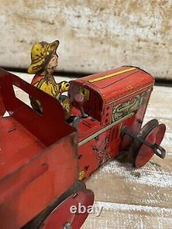 VINTAGE TIN MARX TOY GIANT REVERSING TRACTOR TRUCK with FARMER
