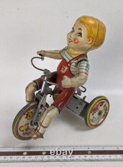 Vintage 1920's Marx Kiddy Cyclist Wind-Up Tin Toy Tricycle Antique Wheel Spokes