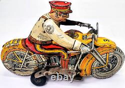 Vintage 1930's Louis Marx Police Motorcycle #3 Tin Wind Up Toy w Siren Works
