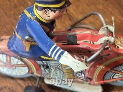 Vintage 1930's Louis Marx Police Motorcycle Tin Wind Up Toy w Siren Works