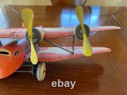 Vintage 1930's Marx Four Propeller TWA Airmail Biplane Tin Windup Toy Airplane