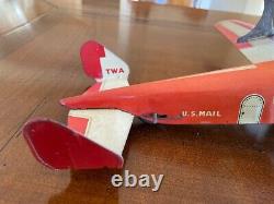 Vintage 1930's Marx Four Propeller TWA Airmail Biplane Tin Windup Toy Airplane