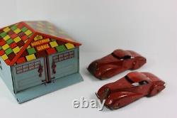 Vintage 1930's Marx Tin Lithograph Toy Honeymoon Garage with Two His & Hers Cars