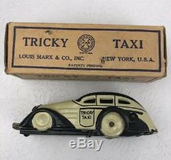Vintage 1930's Marx Tricky Taxi Tin Litho Toy Car, Early Box, Works, No Key