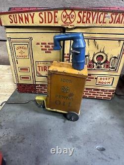 Vintage 1930s MARX Sunny Side Tin Gas Station Pumps, Playset, Lights & Car
