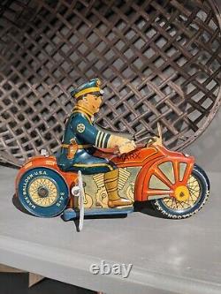 Vintage 1930s MARX USA Tin Wind Up Police Motorcycle Nice Works 8.5L 7H 3.5W