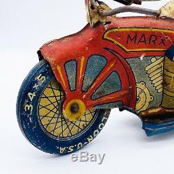 Vintage 1930s MARX USA Tin Wind Up Police Motorcycle Nice Works 8.5L 7H 3.5W