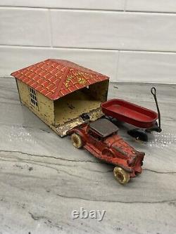 Vintage 1930s Marx Magic Garage with Cast Iron Truck & Tin Wagon