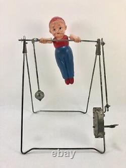 Vintage 1930s Marx Mechanical Tin & Celluloid Gymnast Acrobat Toy, Working