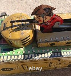 Vintage 1930s Marx Tin Litho Army Tank with Doughboy Windup Toy No Key