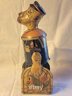 Vintage 1930s RARE Marx Tin Wind Up Walking Popeye With Parrot Cages