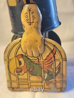 Vintage 1930s RARE Marx Tin Wind Up Walking Popeye With Parrot Cages