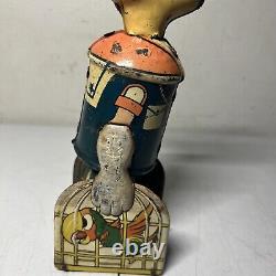 Vintage 1930s Tin Litho Marx Wind Up Walking Popeye The Sailor W Parrots Cages