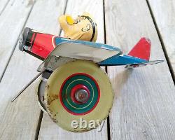 Vintage 1940 Marx Tin Litho Popeye The Pilot Wind Up Toy Plane