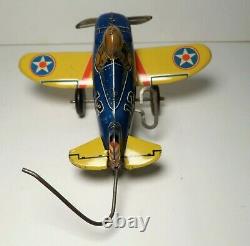 Vintage 1940 Marx Tin Wind Up Roll Over Airplane #12 Blue And Yellow