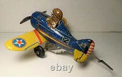 Vintage 1940 Marx Tin Wind Up Roll Over Airplane #12 Blue And Yellow