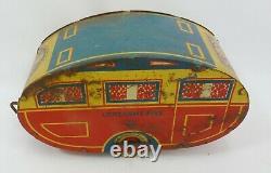 Vintage 1940's Marx Lonesome Pine Travel Trailer Tin Toy Pull Behind