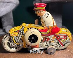 Vintage 1940's Marx Police Motorcycle Lithographed Tin Wind Up Toy (Incomplete)