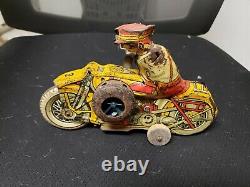 Vintage 1940s Marx Cop Tin Wind Up Motorcycle Toy with SirenWORKS