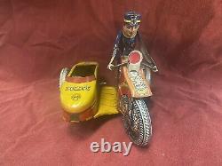 Vintage 1940s Marx Tin Litho Wind Up Rookie Police Cop Motorcycle with Sidecar