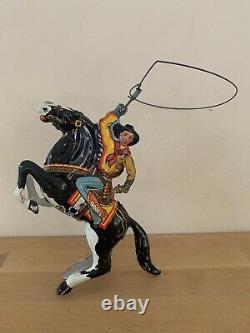 Vintage 1940s Marx Tin Wind-Up Toy Roping Rodeo Cowboy & Black Horse Works Well