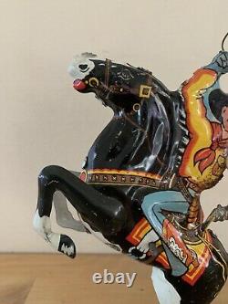 Vintage 1940s Marx Tin Wind-Up Toy Roping Rodeo Cowboy & Black Horse Works Well