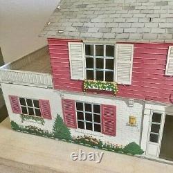 Vintage 1950/60s Marx Tin Litho Two Story Pink /Red Dollhouse