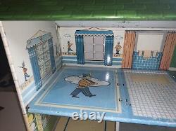 Vintage 1950 MCM Marx Metal Doll House Tin Litho Two Story MISC Furniture