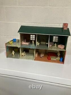 Vintage 1950's Marx Tin Litho 2 Story Colonial Dollhouse With Furniture