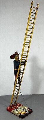 Vintage 1950's Marx Tin Litho Climbing Fireman Toy WORKS, See VIDEO