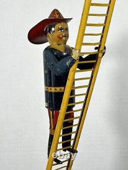 Vintage 1950's Marx Tin Litho Climbing Fireman Toy WORKS, See VIDEO