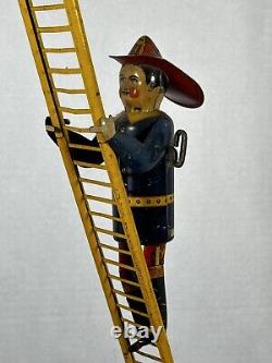 Vintage 1950's Marx Tin Litho Climbing Fireman Toy WORKS, See VIDEO