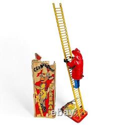 Vintage 1950's Marx Tin Litho Climbing Fireman Toy With Box WORKS