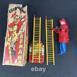 Vintage 1950's Marx Tin Litho Climbing Fireman Toy With Box WORKS