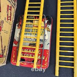 Vintage 1950's Marx Tin Litho Climbing Fireman Toy With Box WORKS