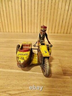 Vintage 1950's Police Motorcycle with Side Car Wind up Tin Toy #3 Marx See Video