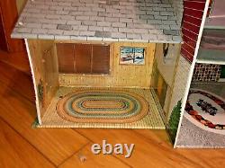 Vintage 1952 Louis Marx Large Pressed Tin Litho 2 Story Red Colonial Dollhouse