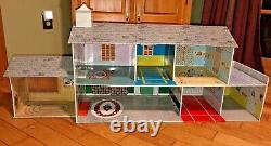 Vintage 1952 Louis Marx Large Pressed Tin Litho 2 Story Red Colonial Dollhouse
