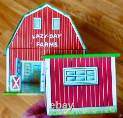 Vintage 1960's Marx toy Lazy-Day Farm Tin Barn With accessories & side building