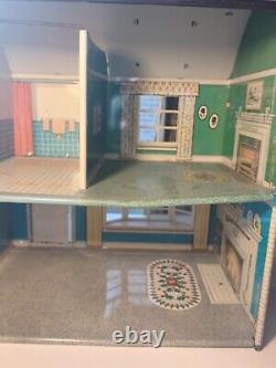 Vintage 1970s Marx Tin Doll House Metal Litho 2 Story Colonial 5 Rooms withacces