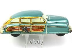 Vintage 40's MARX Tin Litho Wind-Up WOODY Blue Family Sedan Runs Good