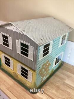 Vintage 50s 60s Marx Toys Large Tin Litho Metal Dollhouse Yellow Grey Aqua Blue