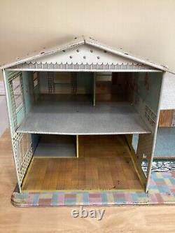 Vintage 50s 60s Marx Toys Large Tin Litho Metal Dollhouse Yellow Grey Aqua Blue