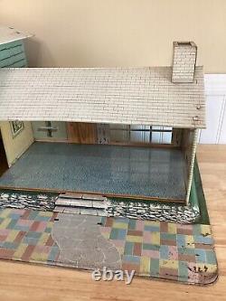 Vintage 50s 60s Marx Toys Large Tin Litho Metal Dollhouse Yellow Grey Aqua Blue