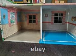 Vintage 60s MARX Tin Metal Litho Red Roof 2 Story Doll House with Furniture, Dolls