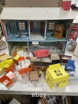 Vintage 70s MARX TOYS Doll House Tin Litho Red White Two Lvl With 50+ Furniture BH